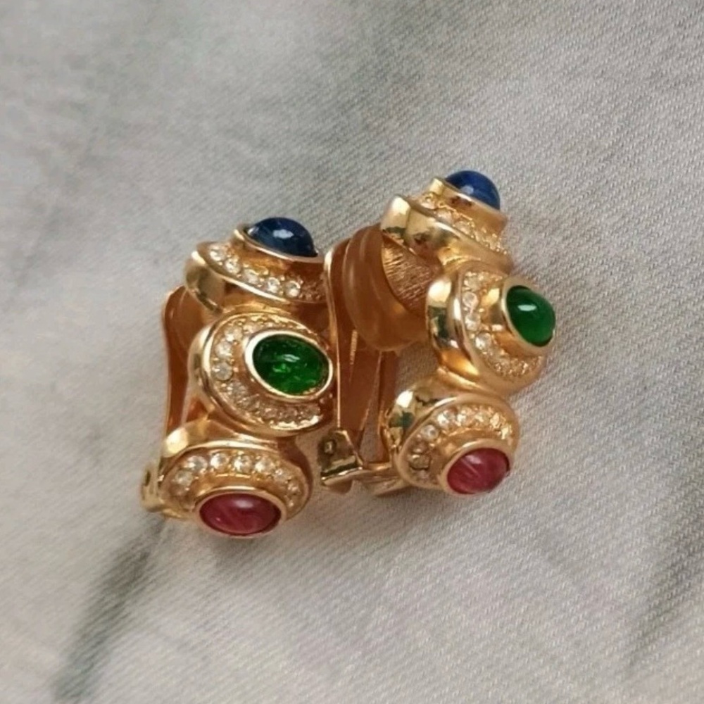 Vintage Christian Dior Classic Swirly Glass Cabochon Gold Hoop Clip-On Earrings